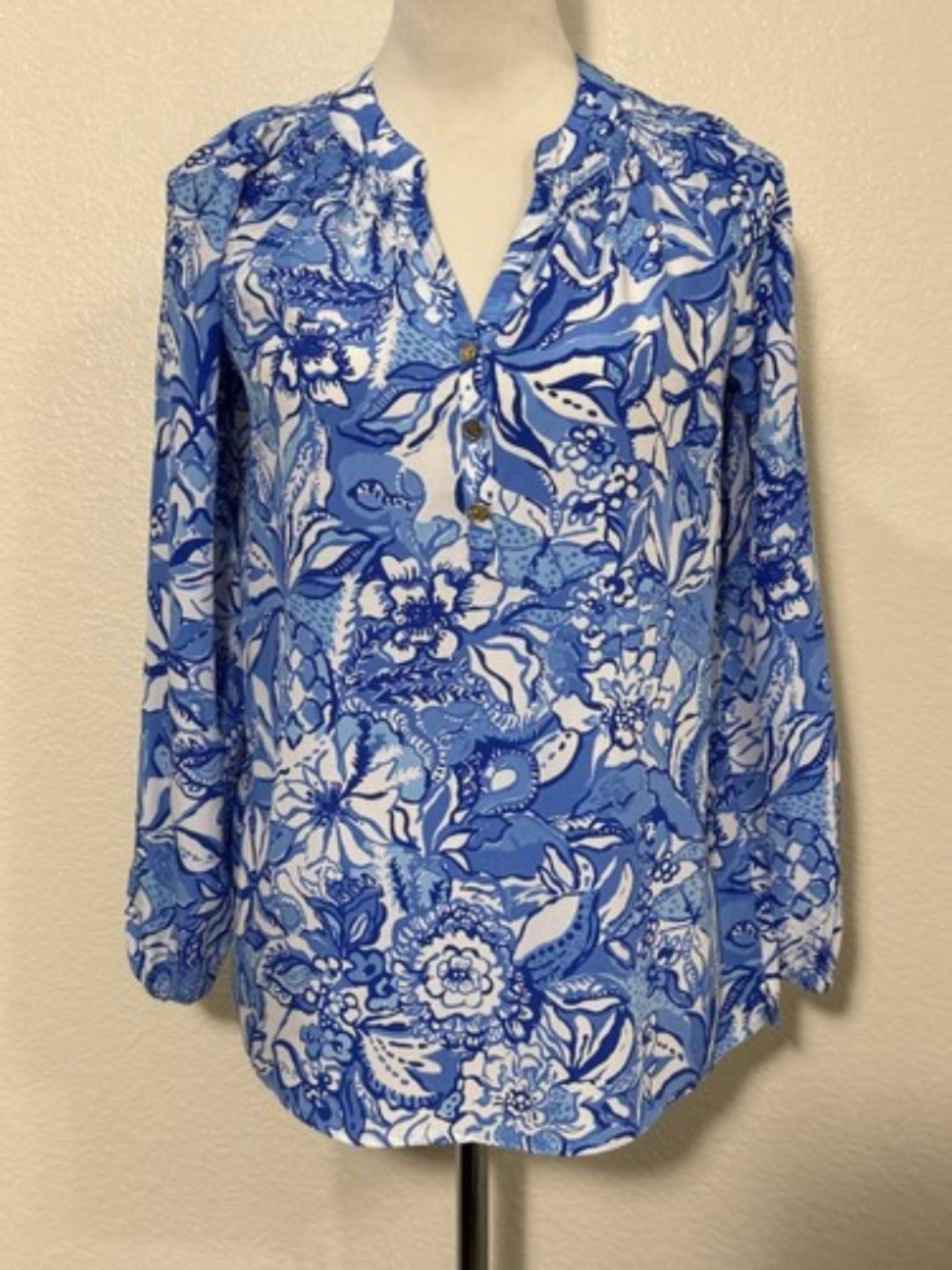 Lilly Pulitzer Womens XS Elsa Silk Tunic Blouse Blue Tang Flocking Fabulous